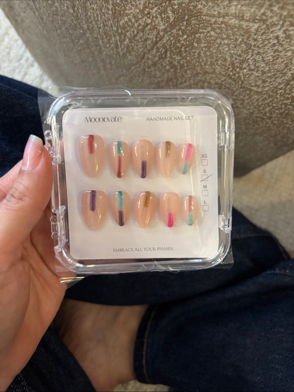 Nude Press-On Nails with Multicolor Accent Stripes - Picture 2 of 2